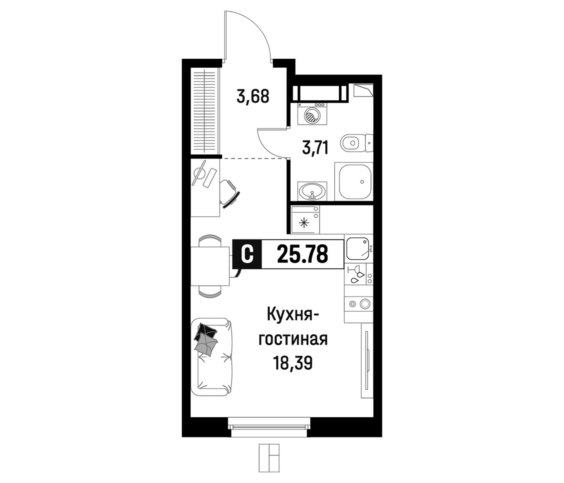 Планировка: Студия 25,8 м² в ЖК «Максималист»