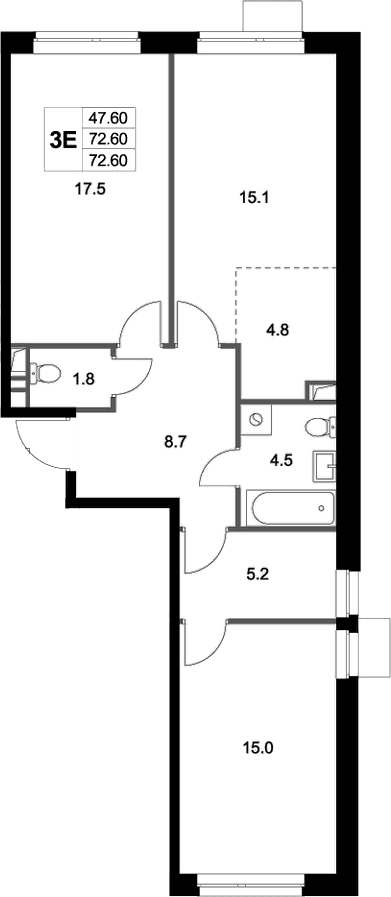 Планировка: Евротрёшка 72,6 м² в ЖК «Легенда Марусино»