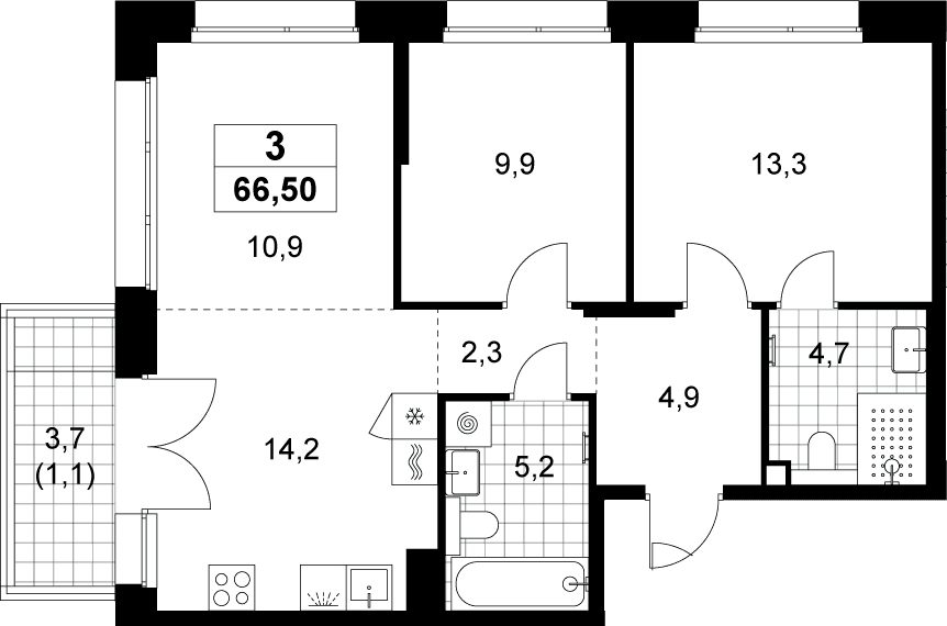 Планировка: Евротрёшка 65,4 м² в ЖК «Хольм»