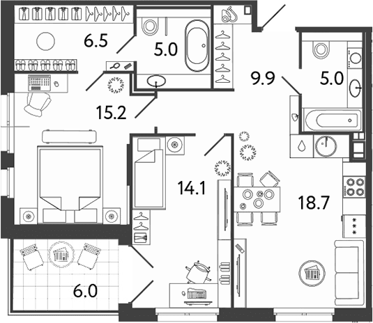Планировка: Евротрёшка 74,4 м² в ЖК «Репин»