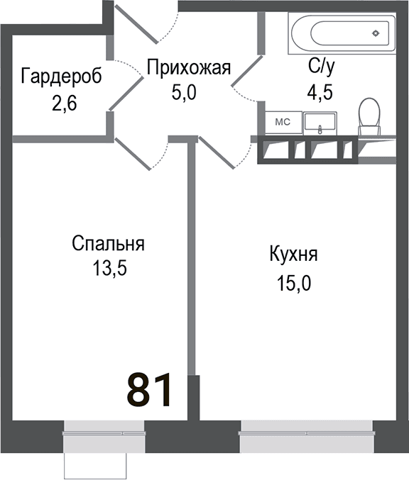 Планировка: 1-комнатная квартира 40,6 м² в ЖК «Киноквартал»