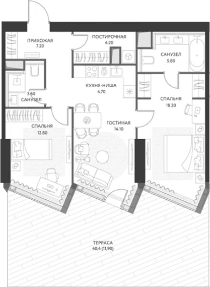 Планировка: Евротрёшка 70,6 м² в ЖК «ХАЙДАУТ»