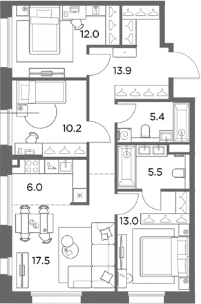 Планировка: Квартира евро-4 83,5 м² в ЖК «Станиславский»