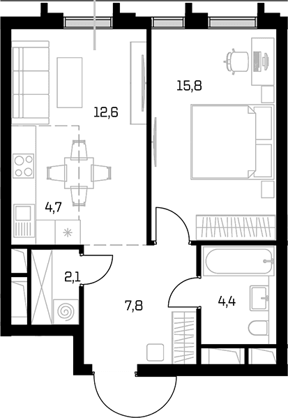 Планировка: Евродвушка 47,4 м² в ЖК «Дом 56»