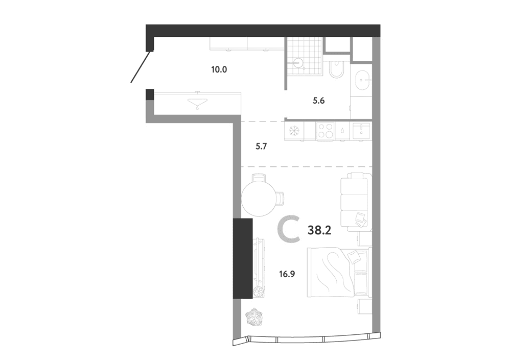Планировка: Студия 38,2 м² в ЖК «АУРУС Резиденции»