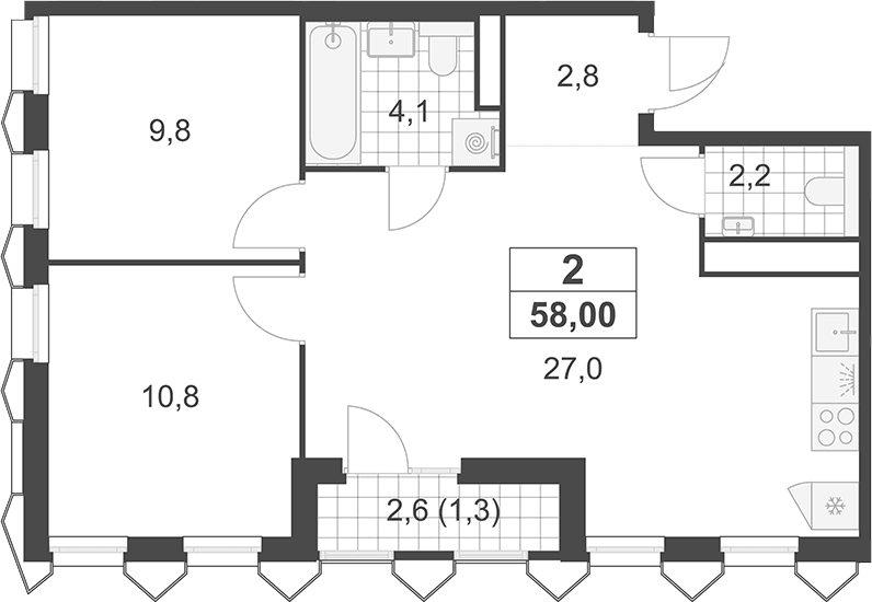 Планировка: Евротрёшка 56,7 м² в ЖК «Деснаречье»