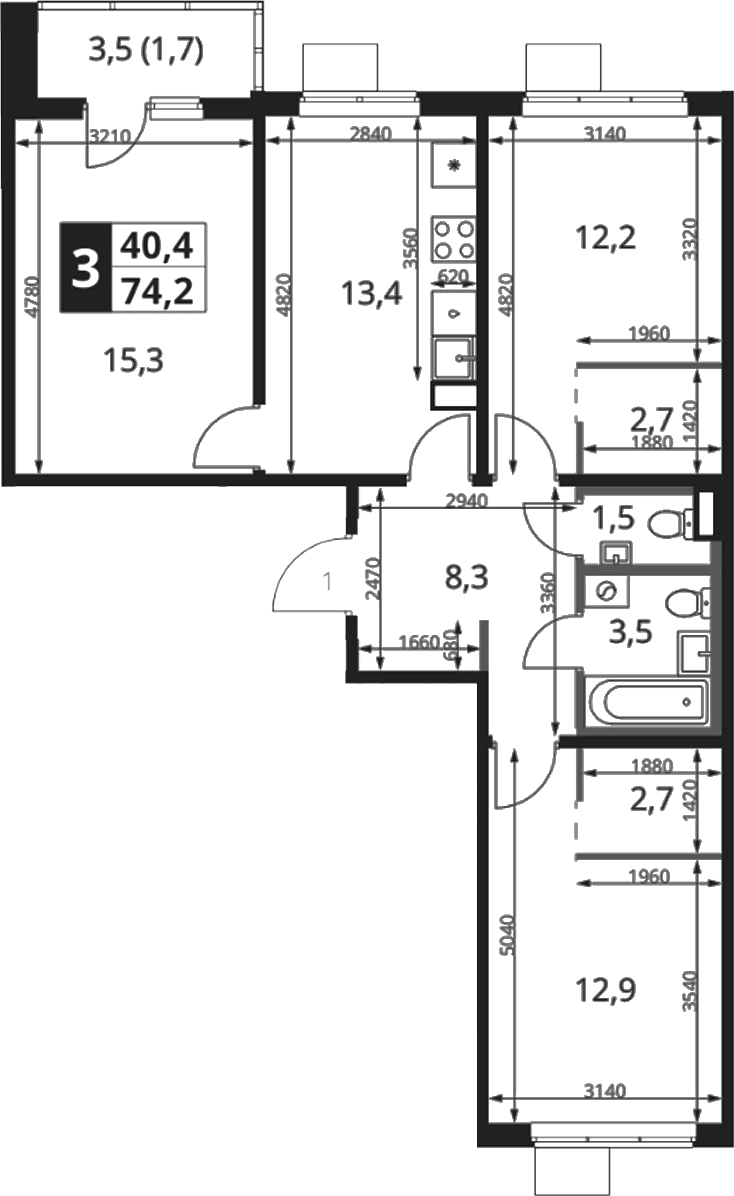 Планировка: 3-комнатная квартира 72,5 м² в ЖК «1-й Ясеневский»