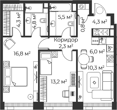 Планировка: Евротрёшка 68,4 м² в ЖК «Веер»