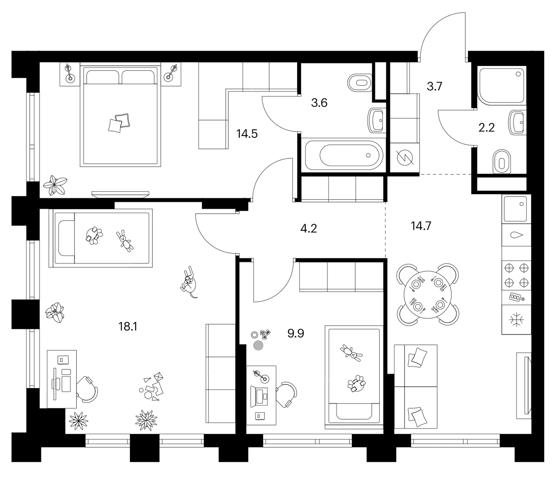 Планировка: 3-комнатная квартира 70,9 м² в ЖК «Зеленый парк»