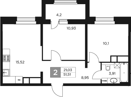 Планировка: Евротрёшка 49,4 м² в ЖК «Восток 2»