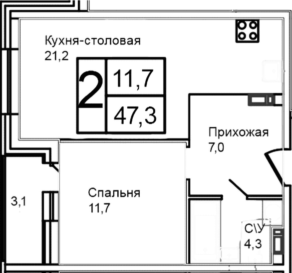 Планировка: Евродвушка 44,2 м² в ЖК «Троицкий»
