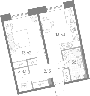 Планировка: Евродвушка 42,7 м² в ЖК «Бульвар Грина»