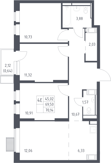 Планировка: Квартира евро-4 69,5 м² в ЖК «Большое Путилково»