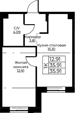 Планировка: Евродвушка 35,9 м² в ЖК «Тишин»