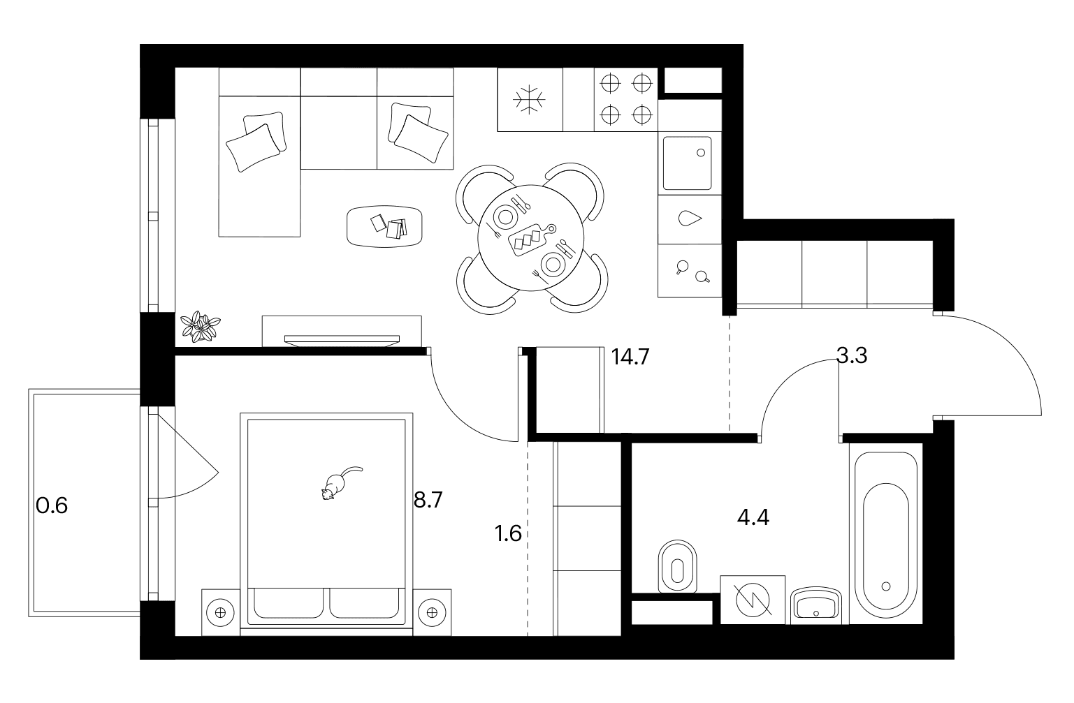 Планировка: 1-комнатная квартира 32,7 м² в ЖК «Москворечье»