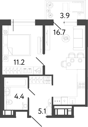 Планировка: Евродвушка 37,4 м² в ЖК «Передвижники 2»