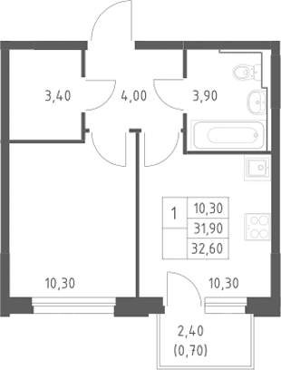 Планировка: 1-комнатная квартира 31,9 м² в ЖК «Химки Парк»