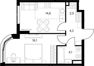 Планировка: 1-комнатная квартира 41,5 м² в ЖК «Адмирал»