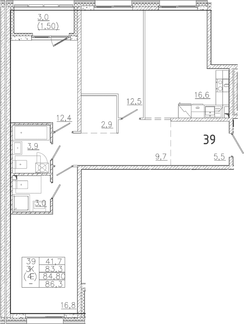 Планировка: Квартира евро-4 83,3 м² в ЖК «Лисино»