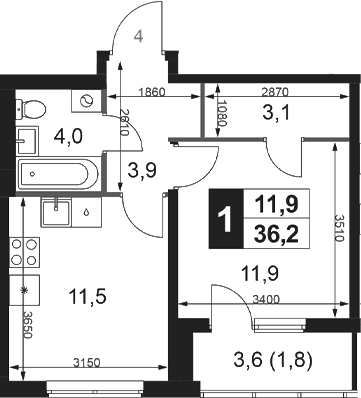 Планировка: 1-комнатная квартира 34,4 м² в ЖК «1-й Ясеневский»