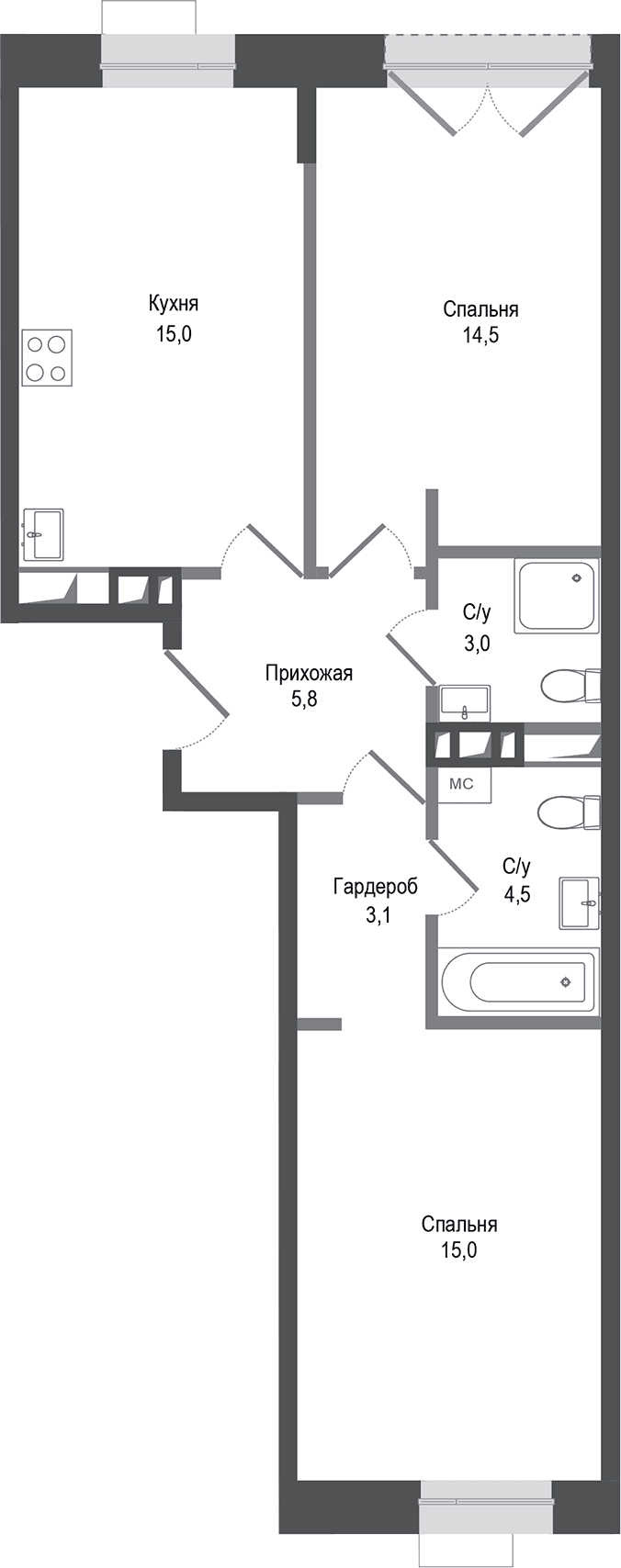 Планировка: 2-комнатная квартира 60,9 м² в ЖК «Киноквартал»