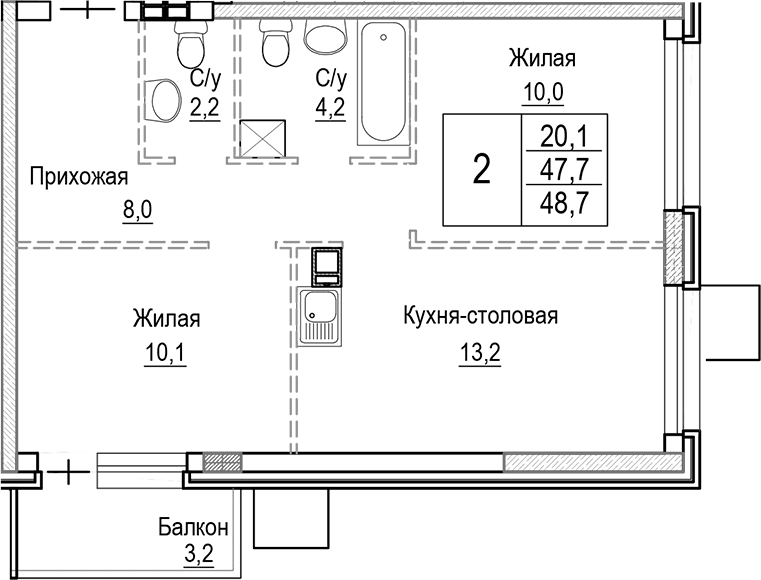 Планировка: Евротрёшка 47,7 м² в ЖК «Лесная Отрада»