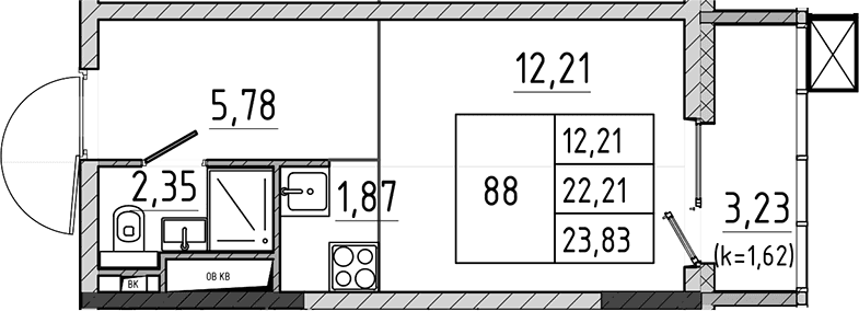 Планировка: Студия 22,2 м² в ЖК «Поварово-Молодежный-2»