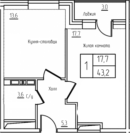 Планировка: Евродвушка 40,2 м² в ЖК «Троицкий»