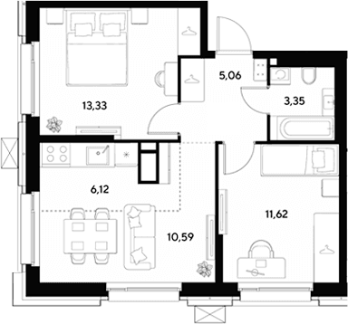 Планировка: Евротрёшка 50,1 м² в ЖК «ЭВО»