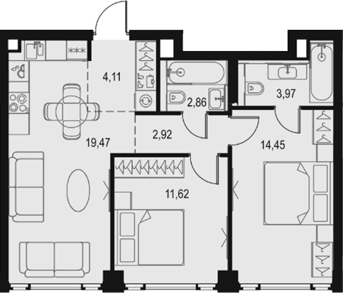 Планировка: Евротрёшка 59,4 м² в ЖК «Левел Павелецкая Сити»