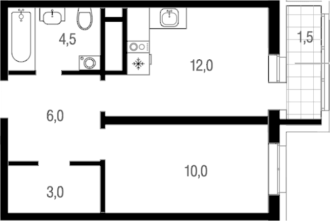 Планировка: 1-комнатная квартира 35,5 м² в ЖК «Котельники парк»