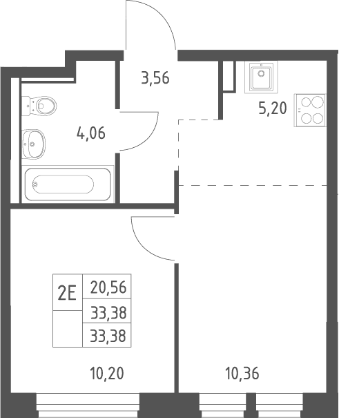 Планировка: Евродвушка 33,4 м² в ЖК «Квартал Ивакино»