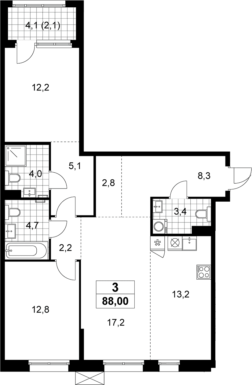 Планировка: Евротрёшка 85,9 м² в ЖК «Дзен-кварталы»