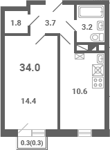 Планировка: 1-комнатная квартира 33,7 м² в ЖК «Южная Долина»