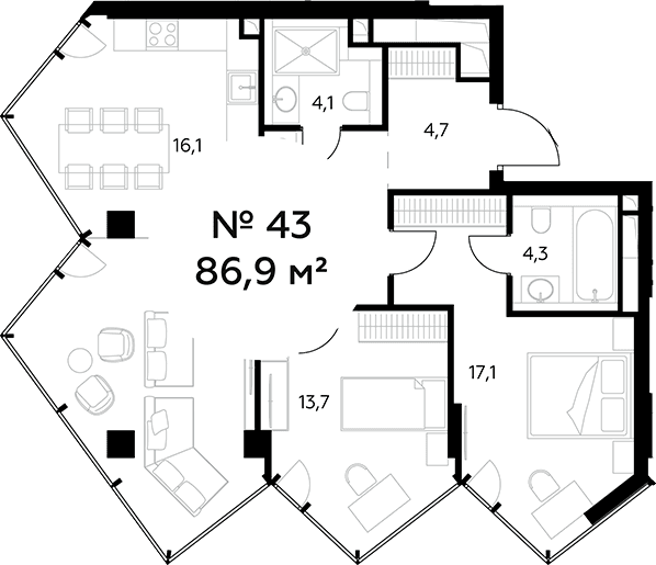 Планировка: Евротрёшка 86,9 м² в ЖК «Монблан»