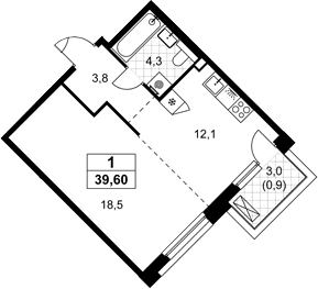 Планировка: 1-комнатная квартира 38,7 м² в ЖК «Хольм»