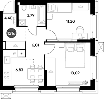 Планировка: 2-комнатная квартира 45,4 м² в ЖК «ЭВО»