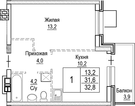 Планировка: 1-комнатная квартира 31,6 м² в ЖК «Лесная Отрада»