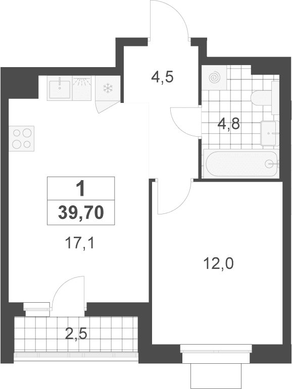 Планировка: Евродвушка 38,5 м² в ЖК «Деснаречье»