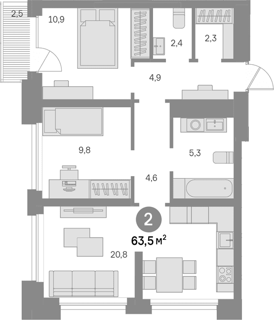 Планировка: 2-комнатная квартира 61 м² в ЖК «Квартал Издание»