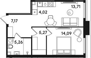 Планировка: Евродвушка 49,5 м² в ЖК «СОЛОС»