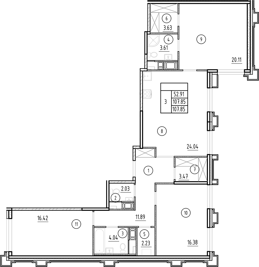 Планировка: Квартира евро-4 107,9 м² в ЖК «Ассамблея»