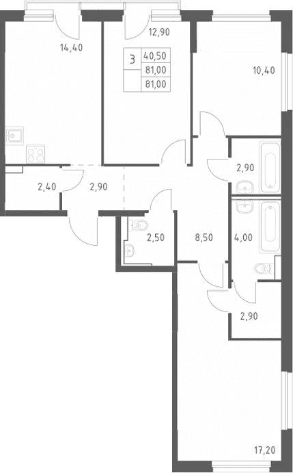 Планировка: 3-комнатная квартира 81 м² в ЖК «Химки Парк»