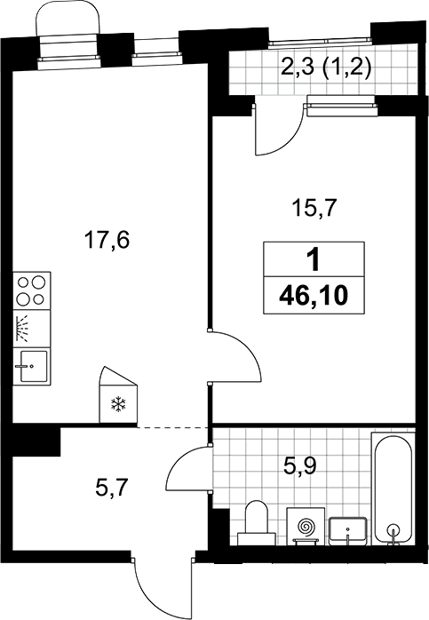 Планировка: Евродвушка 44,9 м² в ЖК «Прокшино»