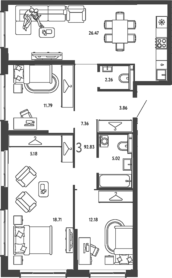 Планировка: 3-комнатная квартира 92,8 м² в ЖК «Страна.Парковая»