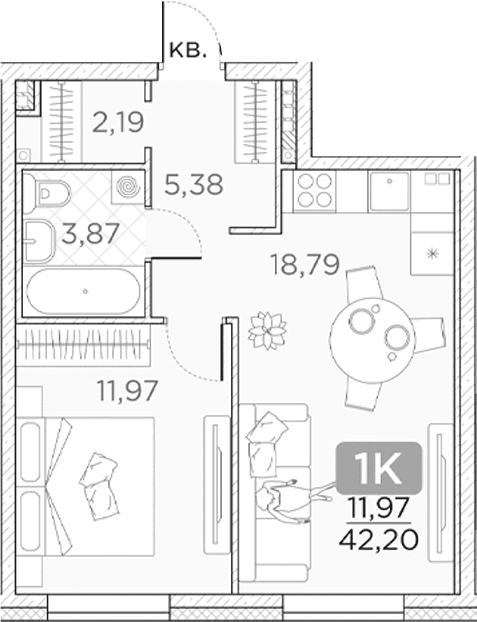Планировка: Евродвушка 42,2 м² в ЖК «Гильдия»