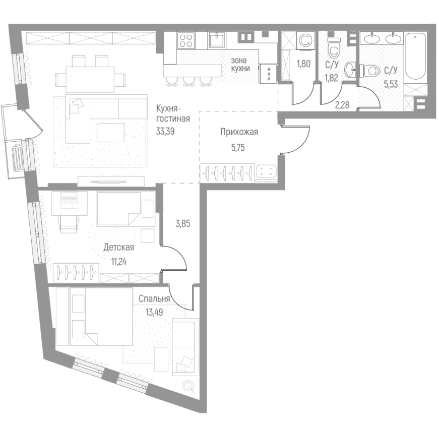 Планировка: 2-комнатная квартира 79,7 м² в ЖК «Эльйон»