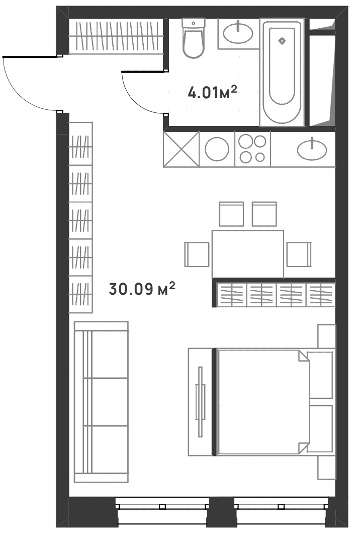 Планировка: Студия 34,1 м² в ЖК «Дюна»