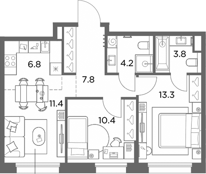 Планировка: Евротрёшка 57,7 м² в ЖК «Станиславский»