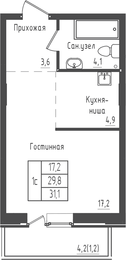 Планировка: Студия 29,8 м² в ЖК «Зеленый город»